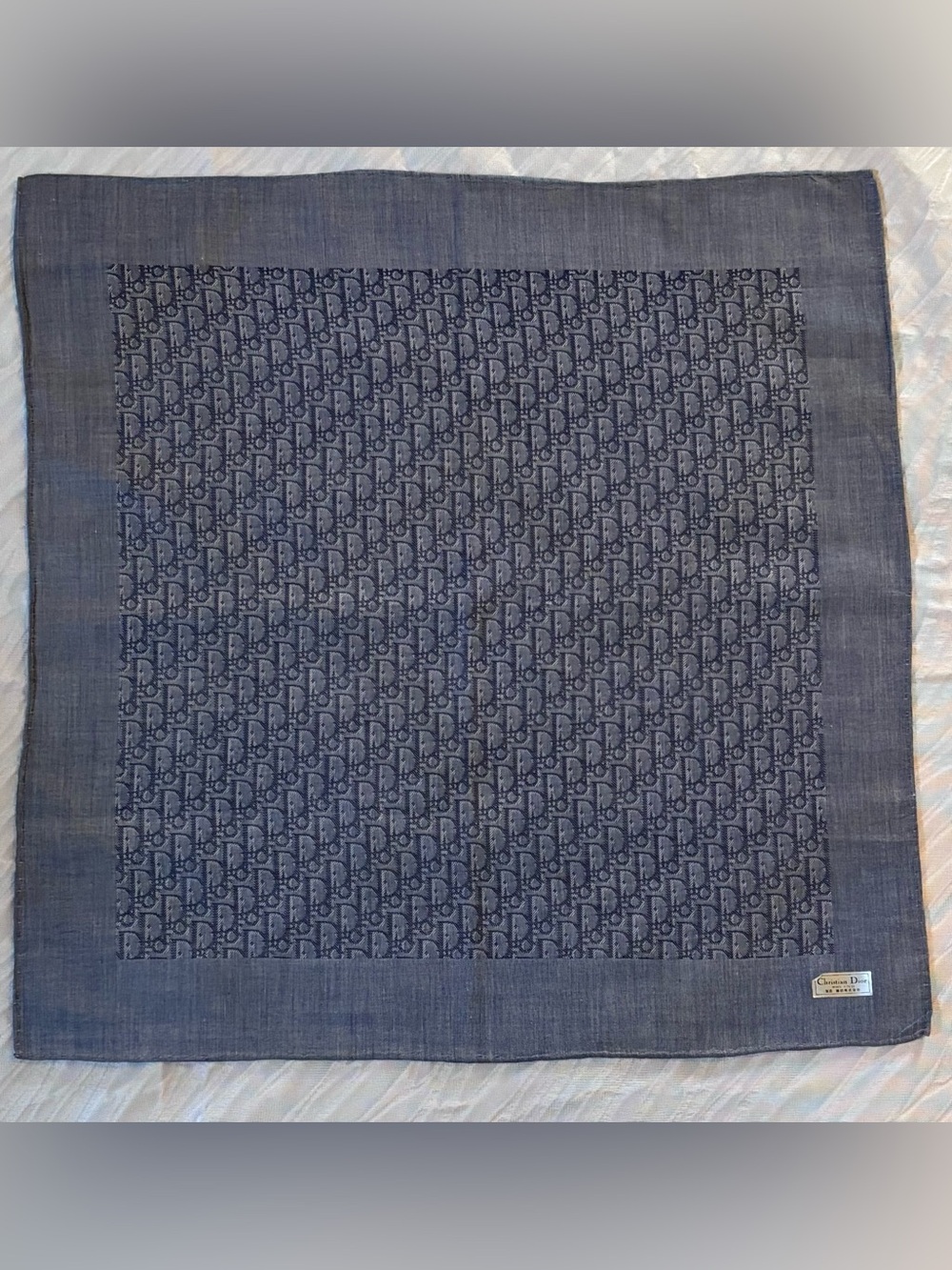Authentic Christian Dior Trotter Monogram Handkerchief- Denim Blue 18x18